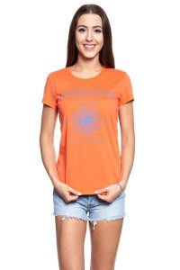 MUSTANG T SHIRT DAMSKI Alexia C Print 1009840 7096. Brązowe t-shirty Mustang, s, bez wzorów, bez kołnierzyka, bez ramiączek. W wyprzedaży za 39,99 zł.