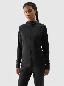 4F Bluza treningowa szybkoschnąca rozpinana z kapturem damska - czarna L. Czarne bluzy 4f, l, bez wzorów, z dzianiny, z kapturem. W wyprzedaży za 99,99 zł.