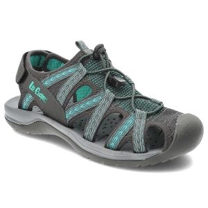Zielone Sandały Lee Cooper Modne Obuwie Damskie. Szare sandały Lee Cooper, bez wzorów, z materiału, z otwartym noskiem, bez obcasa, bez zapięcia. Za 159,00 zł.