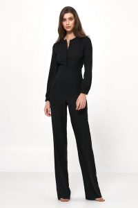 Czarny Elegancki Kombinezon Zapinany na Guziki. Czarne kombinezony Nife, l, bez wzorów, z elastanu, eleganckie, bez kołnierzyka, bez ramiączek. Za 271,90 zł.