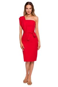 Dopasowana Sukienka na Jedno Ramię - Czerwona. Czerwone sukienki Cud Moda, l, bez wzorów, z elastanu, bez kołnierzyka, bez ramiączek, dopasowane. Za 239,90 zł.