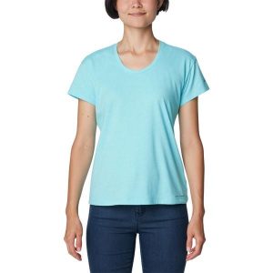 Koszulka damska Columbia Sun Trek Short Sleeve Tee. Niebieskie koszulki sportowe Columbia, bez wzorów, bez ramiączek. Za 79,99 zł.