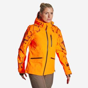 Kurtka outdoor damska wodoodporna Solognac Supertrack fluo. Brązowe kurtki SOLOGNAC, m, bez wzorów, z poliesteru, bez kaptura. Za 499,99 zł.
