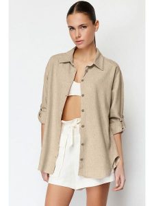 Trendyol Koszula w kolorze beżowym rozmiar: 34. Brązowe koszule Trendyol, bez wzorów, bez kołnierzyka, bez ramiączek. Za 78,99 zł.