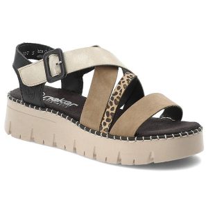 Sandały damskie Rieker, cholewka ze skóry ekologicznej z ozdobnymi paskami i motywem zwierzęcym regulowane zapięcie na sprzączkę, multi, V1063-90. Brązowe sandały Rieker, bez wzorów, ze skóry ekologicznej, bez obcasa, na platformie, bez zapięcia. Za 287,90 zł.