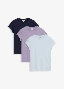 T-shirt (3 szt.). Fioletowe t-shirty bonprix, bez wzorów, bez kołnierzyka, bez ramiączek. Za 92,99 zł.
