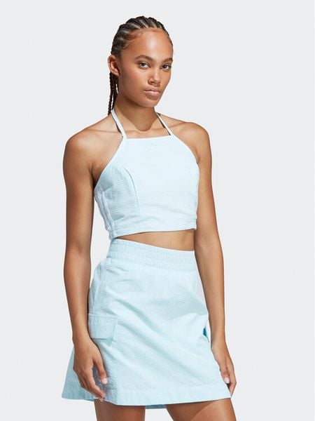 Adidas Top adicolor Classics Poplin HL9307 Błękitny Slim Fit. Niebieskie topy ADIDAS, bez wzorów, z bawełny, bez kołnierzyka, bez ramiączek. Za 79,99 zł.