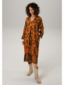 Aniston Sukienka w kolorze pomarańczowo-oliwkowym rozmiar: 42. Brązowe sukienki Aniston, bez wzorów, z wiskozy, bez kołnierzyka, bez ramiączek, midi. Za 82,99 zł.