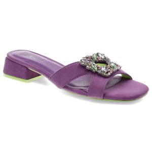 Fioletowe Klapki Manbur Eleganckie Obuwie Damskie. Fioletowe klapki Menbur, z aplikacjami, bez obcasa, na obcasie. Za 219,00 zł.
