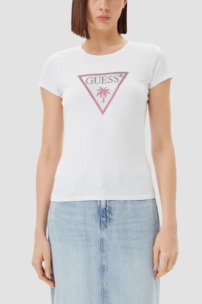 GUESS Biały damski t-shirt z logo z cyrkoniami Triangle Rhinestones, Rozmiar XL. Białe t-shirty Guess, xl, z aplikacjami, bez kołnierzyka, bez ramiączek. Za 239,99 zł.