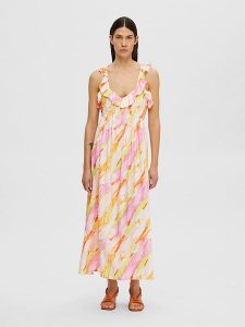 SELECTED FEMME Sukienka w kolorze jasnoróżowo-żółtym rozmiar: 40. Różowe sukienki Selected Femme, na co dzień, s, bez wzorów, z wiskozy, klasyczne, bez kołnierzyka, bez ramiączek, maxi, proste. Za 215,95 zł.