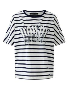 Oui Koszulka w kolorze biało-niebieskim rozmiar: 36. Białe bluzki Oui, bez wzorów, z bawełny, bez kołnierzyka, bez ramiączek. Za 104,99 zł.