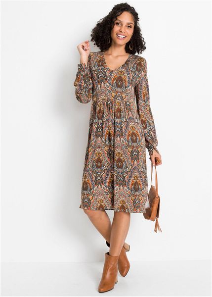 Sukienka z dżerseju w deseń paisley. Czerwone sukienki bonprix, bez wzorów, z dżerseju, bez kołnierzyka, bez ramiączek. Za 119,99 zł.