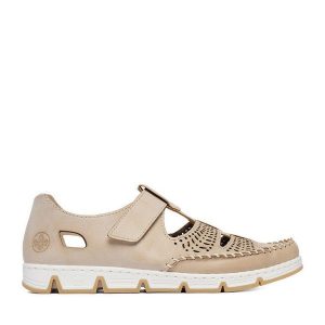 Półbuty Rieker. Brązowe półbuty Rieker, bez wzorów, bez obcasa, na płaskiej podeszwie, bez zapięcia. Za 379,99 zł.