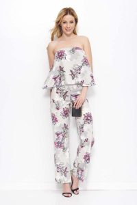 Beżowy Kombinezon w Kwiaty z Odkrytymi Ramionami Wzór 3. Brązowe kombinezony Makadamia, xs, bez wzorów, z materiału, eleganckie, bez kołnierzyka, bez ramiączek. Za 159,90 zł.
