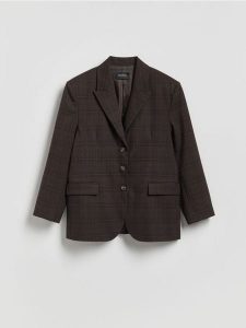 Jednorzędowa marynarka w kratę - ciemnobrązowy. Brązowe marynarki i żakiety Reserved, l, bez wzorów, z tkaniny. Za 259,99 zł.