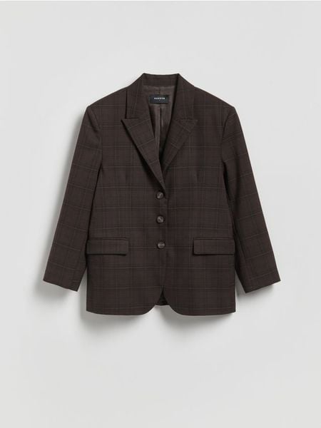 Jednorzędowa marynarka w kratę - ciemnobrązowy. Brązowe marynarki i żakiety Reserved, l, bez wzorów, z tkaniny. Za 259,99 zł.