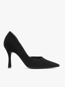 Czarne welurowe czółenka na obcasie flare. Czarne czółenka Ryłko, bez wzorów, z gumy, bez obcasa, na obcasie, bez zapięcia. Za 379,99 zł.