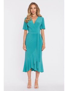 Made of emotion Sukienka w kolorze turkusowym rozmiar: L. Niebieskie sukienki Made Of Emotion, l, bez wzorów, bez kołnierzyka, bez ramiączek, midi, kopertowe. Za 234,99 zł.