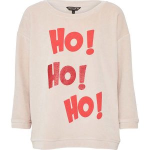 Sweter w kolorze kremowym. Białe swetry klasyczne marki Review, z nadrukiem. W wyprzedaży za 43,95 zł.