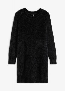Sukienka dzianinowa oversize z szenili. Szare sukienki bonprix, bez wzorów, z dzianiny, bez kołnierzyka, bez ramiączek, mini, oversize. Za 124,99 zł.