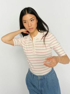 MOS MOSH Damska koszula z dzianiny z jedwabiem Kobiety Sztuczne włókno beżowy w paski, XS. Brązowe koszule Mos Mosh, xs, bez wzorów, z dzianiny, bez kołnierzyka, bez ramiączek. Za 399,95 zł.