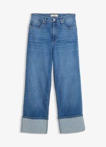 Dżinsy straight, high waist z podwiniętymi nogawkami. Niebieskie jeansy bonprix, bez wzorów, z jeansu, z podwyższonym stanem. Za 219,99 zł.