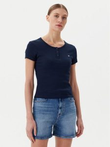 Tommy Jeans T-Shirt DW0DW19502 Granatowy Slim Fit. Niebieskie t-shirty Tommy Jeans, s, bez wzorów, z bawełny, bez kołnierzyka, bez ramiączek. Za 99,99 zł.