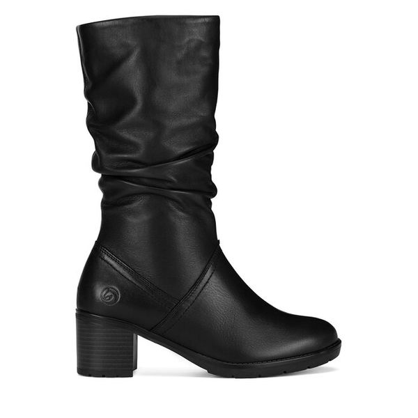 Kozaki Remonte. Czarne kozaki Remonte, bez wzorów, bez obcasa, na słupku, bez zapięcia. Za 415,00 zł.