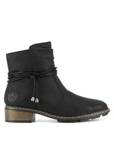 Rieker Botki 77263-00 Czarny. Czarne botki Rieker, bez wzorów, z materiału, bez obcasa, na płaskiej podeszwie, bez zapięcia. Za 339,99 zł.
