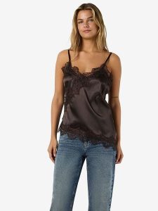 Noisy may Top "Sofie" w kolorze ciemnobrązowym rozmiar: L. Brązowe topy Noisy may, l, bez wzorów, z koronki, z asymetrycznym kołnierzem, bez ramiączek. Za 104,99 zł.