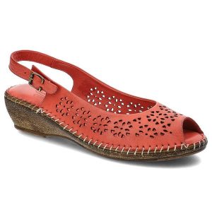Czerwone Sandały Lanqier Wygodne Skórzane Buty Damskie. Czerwone sandały Lanqier, bez wzorów, ze skóry, bez obcasa, na koturnie, bez zapięcia. Za 149,00 zł.
