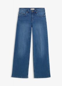 Dżinsy wide leg, średni stan, z bawełny organicznej. Niebieskie jeansy bonprix, bez wzorów, z bawełny. Za 199,99 zł.