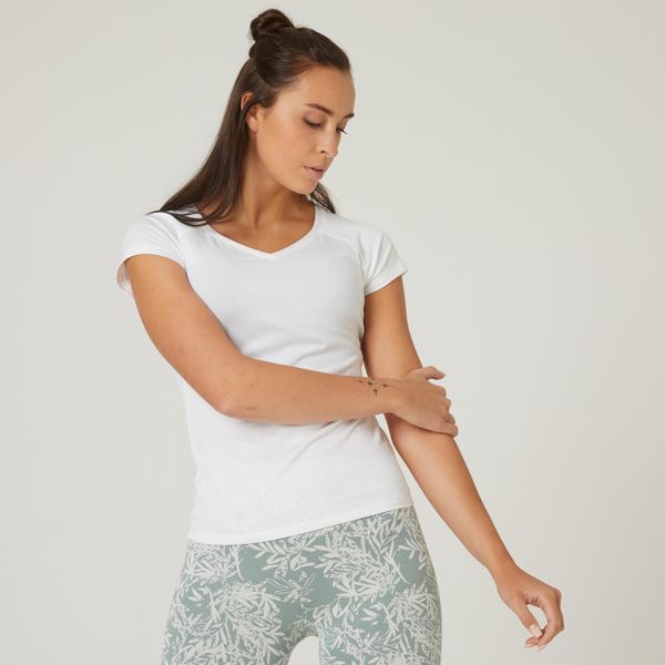 Koszulka z krótkim rękawem damska Nyamba Gym & Pilates 500. Białe bluzki NYAMBA, xs, bez wzorów, z bawełny, sportowe, bez kołnierzyka, bez ramiączek. W wyprzedaży za 12,99 zł.