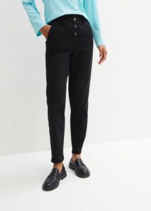Spodnie twillowe z wygodnym paskiem, high waist. Czarne spodnie z wysokim stanem bonprix, bez wzorów, z podwyższonym stanem. Za 79,99 zł.
