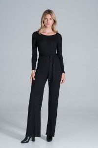 Kombinezon z Prążkowanej Dzianiny z Szerokimi Nogawkami - Czarny. Czarne kombinezony Figl, s, bez wzorów, z dzianiny, eleganckie, bez kołnierzyka, bez ramiączek. Za 309,00 zł.
