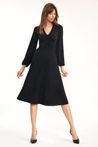 Czarna Elegancka Midi Sukienka z Bufiastym Rękawem. Czarne sukienki Nife, l, bez wzorów, z elastanu, eleganckie, bez kołnierzyka, bez ramiączek, midi. Za 198,90 zł.