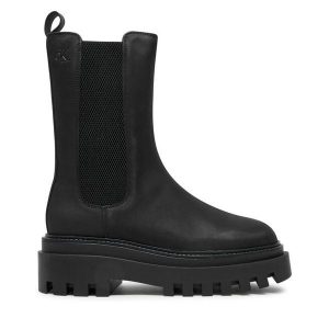 Sztyblety Calvin Klein Jeans. Czarne botki Calvin Klein Jeans, bez wzorów, z jeansu, bez obcasa, na płaskiej podeszwie, bez zapięcia. Za 489,99 zł.