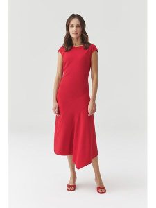 TATUUM Sukienka w kolorze czerwonym rozmiar: 40. Czerwone sukienki Tatuum, bez wzorów, z asymetrycznym kołnierzem, bez ramiączek, midi, asymetryczne. Za 200,60 zł.