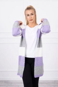 Sweter w pasy trzykolorowy ecru+fioletowy+szary. Fioletowe długie swetry KESI, l, z poliesteru, bez kołnierzyka, plus size. Za 178,78 zł.