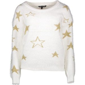 Sweter w kolorze biało-złotym. Białe swetry klasyczne marki Lilou Secret, prążkowane. W wyprzedaży za 120,95 zł.