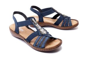 RIEKER 60800-14 blue, sandały damskie. Niebieskie sandały Rieker, bez wzorów, bez obcasa, na koturnie, bez zapięcia. Za 254,92 zł.