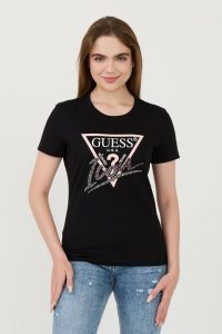 GUESS Czarny damski t-shirt bawełniany Icon Tee, Rozmiar S. Czarne t-shirty Guess, s, z aplikacjami, z bawełny, bez kołnierzyka, bez ramiączek. W wyprzedaży za 184,99 zł.