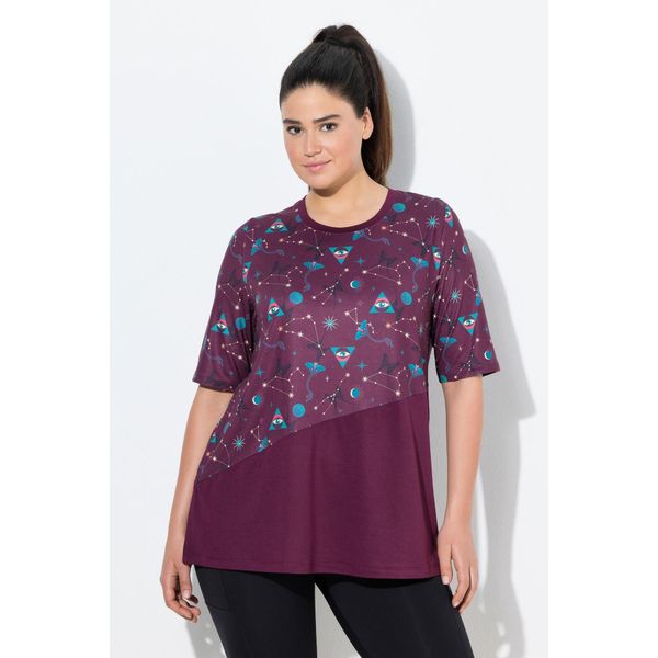 Damskie Bluzka funkcyjna krój trapezowy okrągły dekolt rękaw 1/2 z recyklingu. Fioletowe koszulki sportowe Ulla Popken, bez wzorów, z elastanu, bez ramiączek. Za 199,99 zł.