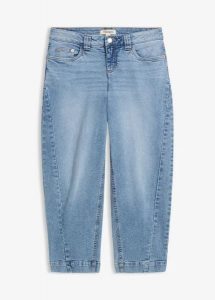 Jeansy o kroju barrel, średni stan, cropped. Niebieskie jeansy bonprix, bez wzorów, z jeansu. Za 159,99 zł.