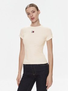 Tommy Jeans T-Shirt Badge DW0DW17881 Kremowy Slim Fit. Białe t-shirty Tommy Jeans, xs, bez wzorów, z bawełny, bez kołnierzyka, bez ramiączek. Za 119,99 zł.