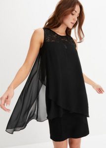 Sukienka z dżerseju i szyfonu. Czarne sukienki bonprix, bez wzorów, z dżerseju, eleganckie, bez kołnierzyka, bez ramiączek. Za 64,99 zł.