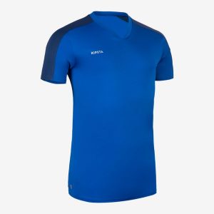 Koszulka do piłki nożnej z krótkim rękawem Kipsta Essential. Niebieskie bluzki KIPSTA, l, bez wzorów, z materiału, sportowe, bez kołnierzyka, bez ramiączek. Za 34,99 zł.
