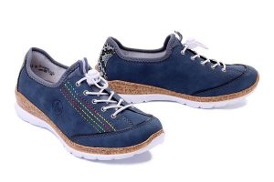 RIEKER N42T0-14 blue, półbuty damskie. Niebieskie półbuty Rieker, bez wzorów, bez obcasa, bez zapięcia. Za 339,90 zł.