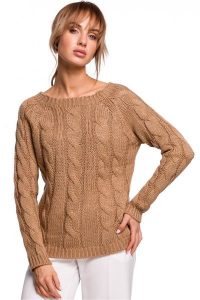 Sweter damski ze splotem typu warkocz beżowy. Brązowe swetry klasyczne Polskie swetry, l, z dzianiny, bez kołnierzyka. Za 239,00 zł.